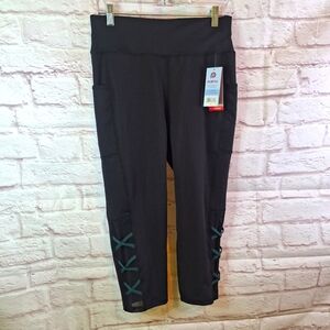 NWT Popfit Leggings XL POCKETS Crop Black With Green Ribbon Accents